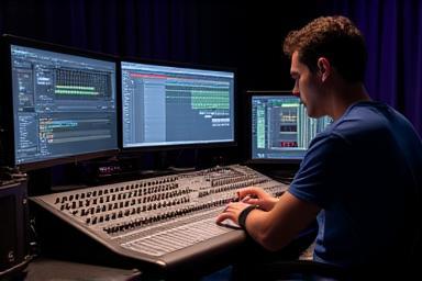 Audio engineer mixing on a large format console
