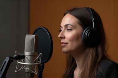 Voice actor in recording booth speaking into microphone